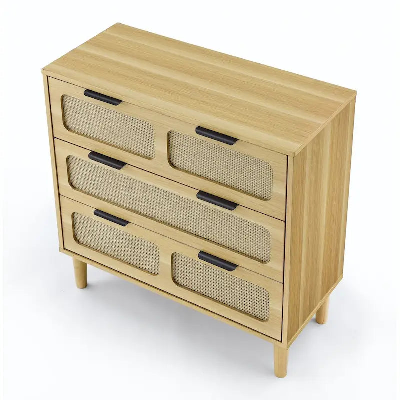 Commode en rotin noir/noyer à 3 tiroirs, simple, poignées en métal