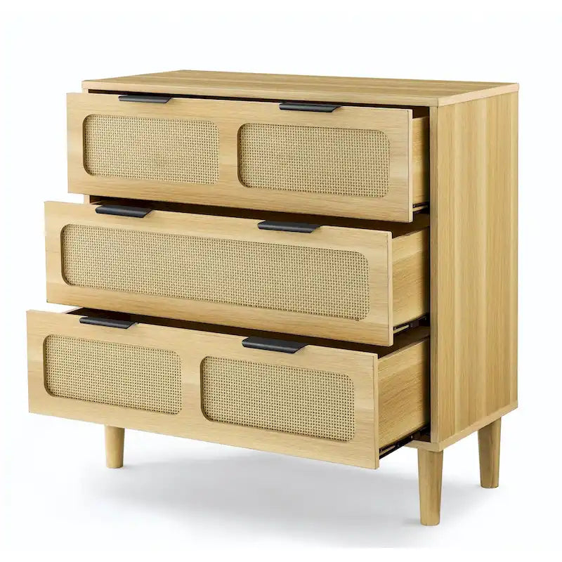 Commode en rotin noir/noyer à 3 tiroirs, simple, poignées en métal