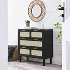 Commode en rotin noir/noyer à 3 tiroirs, simple, poignées en métal