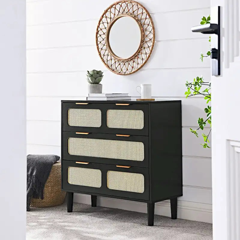Commode en rotin noir/noyer à 3 tiroirs, simple, poignées en métal