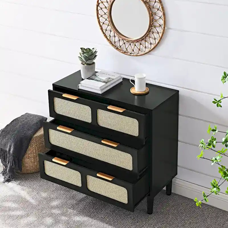 Commode en rotin noir/noyer à 3 tiroirs, simple, poignées en métal