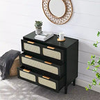 Commode en rotin noir/noyer à 3 tiroirs, simple, poignées en métal
