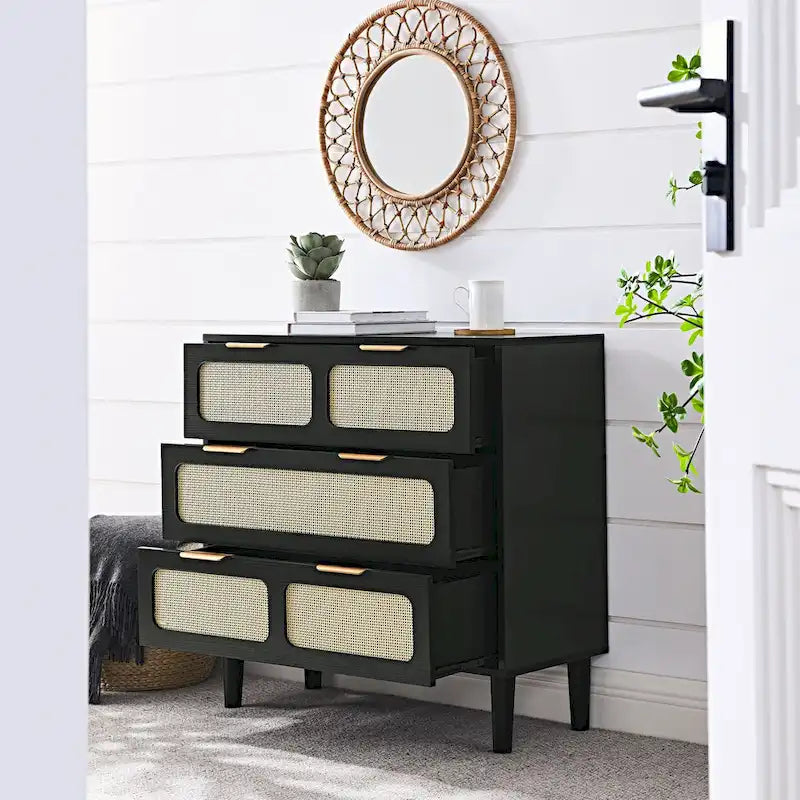 Commode en rotin noir/noyer à 3 tiroirs, simple, poignées en métal