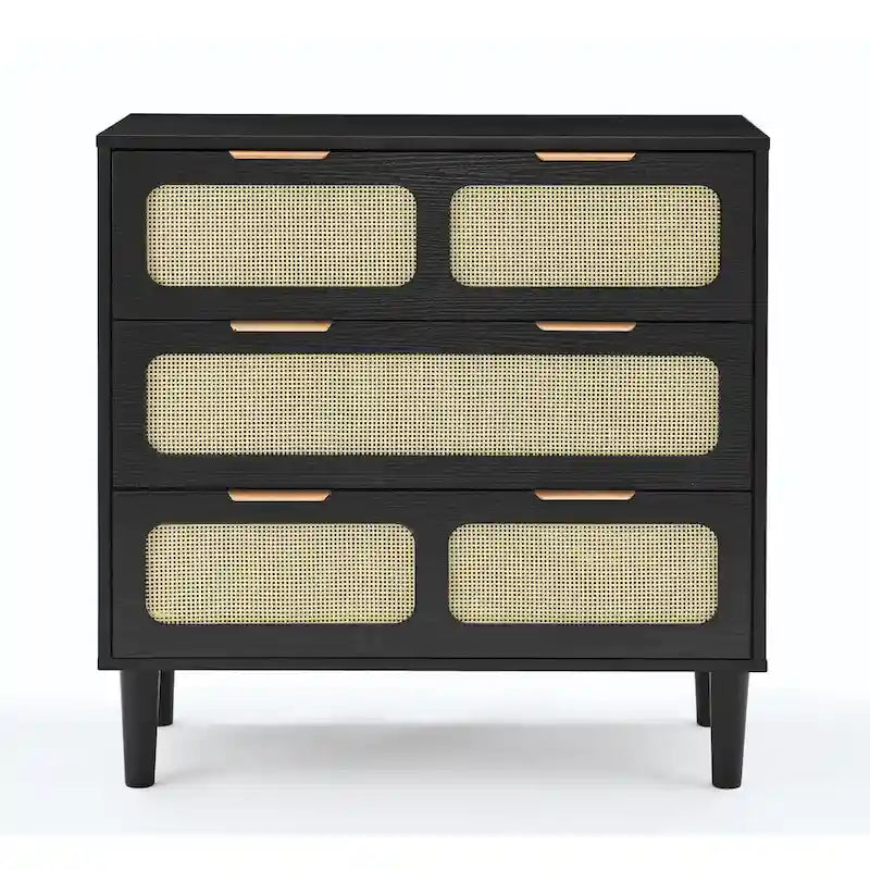 Commode en rotin noir/noyer à 3 tiroirs, simple, poignées en métal