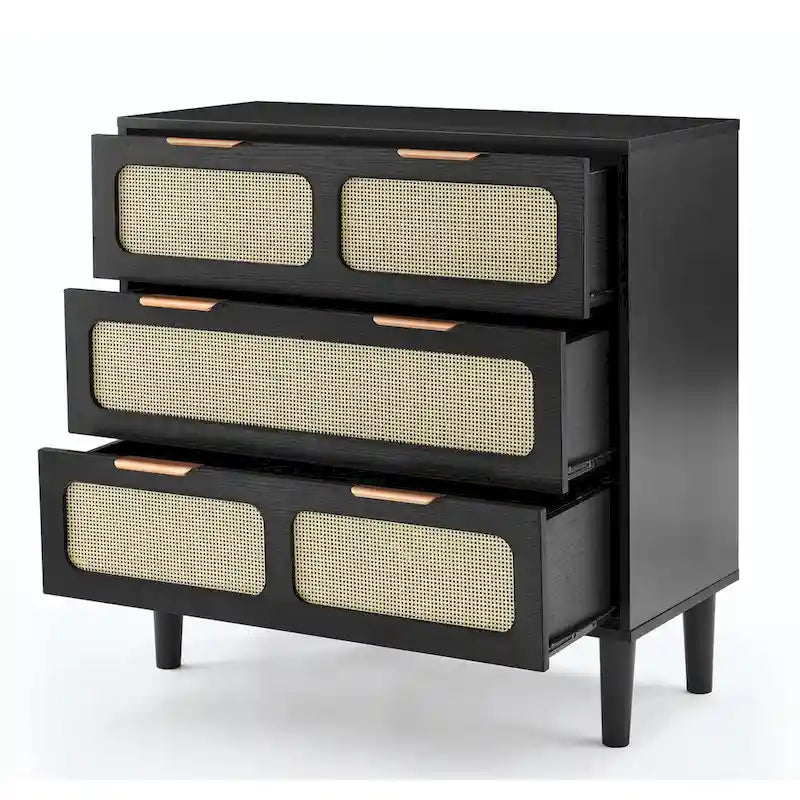 Commode en rotin noir/noyer à 3 tiroirs, simple, poignées en métal