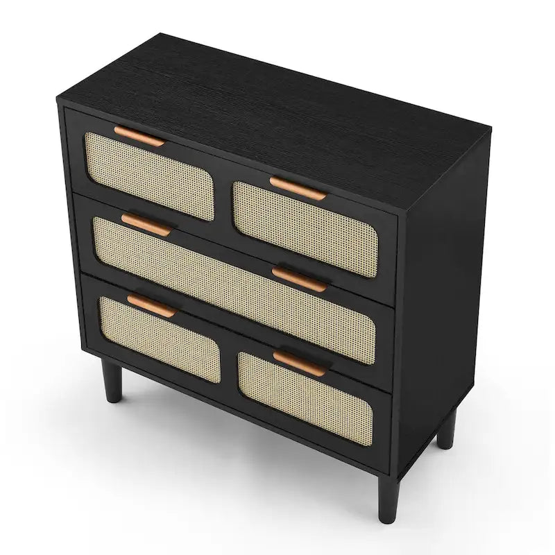 Commode en rotin noir/noyer à 3 tiroirs, simple, poignées en métal