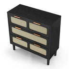 Commode en rotin noir/noyer à 3 tiroirs, simple, poignées en métal