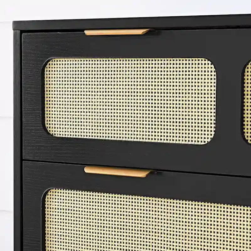 Commode en rotin noir/noyer à 3 tiroirs, simple, poignées en métal