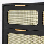 Commode en rotin noir/noyer à 3 tiroirs, simple, poignées en métal