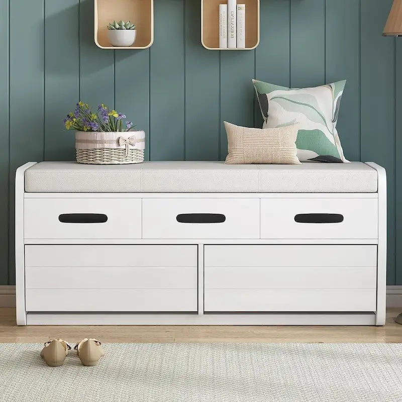 Banc de rangement rustique avec tiroirs en bois naturel blanc/marine/espresso – 1 à 2 places