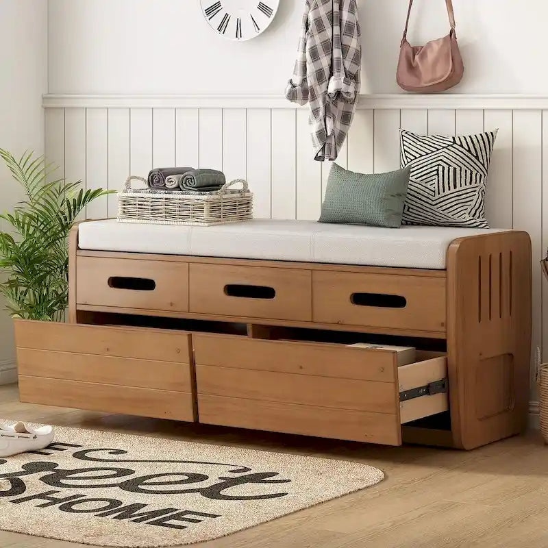 Banc de rangement rustique avec tiroirs en bois naturel blanc/marine/espresso – 1 à 2 places