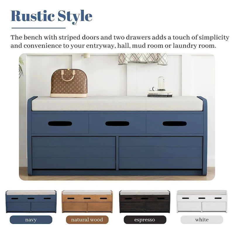 Banc de rangement rustique avec tiroirs en bois naturel blanc/marine/espresso – 1 à 2 places