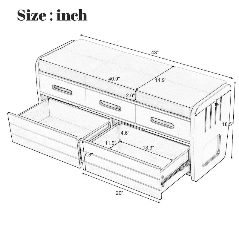 Banc de rangement rustique avec tiroirs en bois naturel blanc/marine/espresso – 1 à 2 places