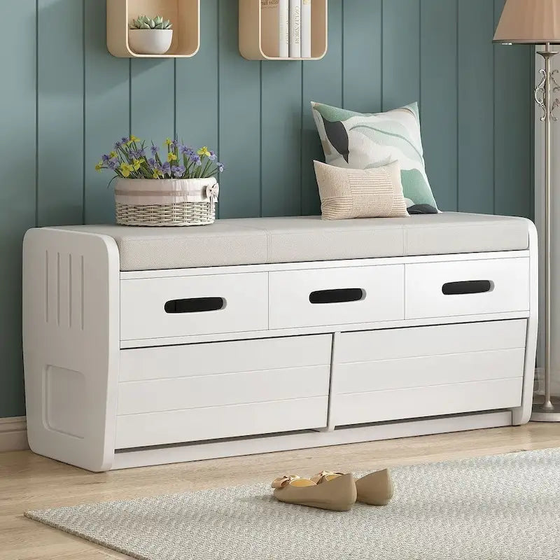 Banc de rangement rustique avec tiroirs en bois naturel blanc/marine/espresso – 1 à 2 places