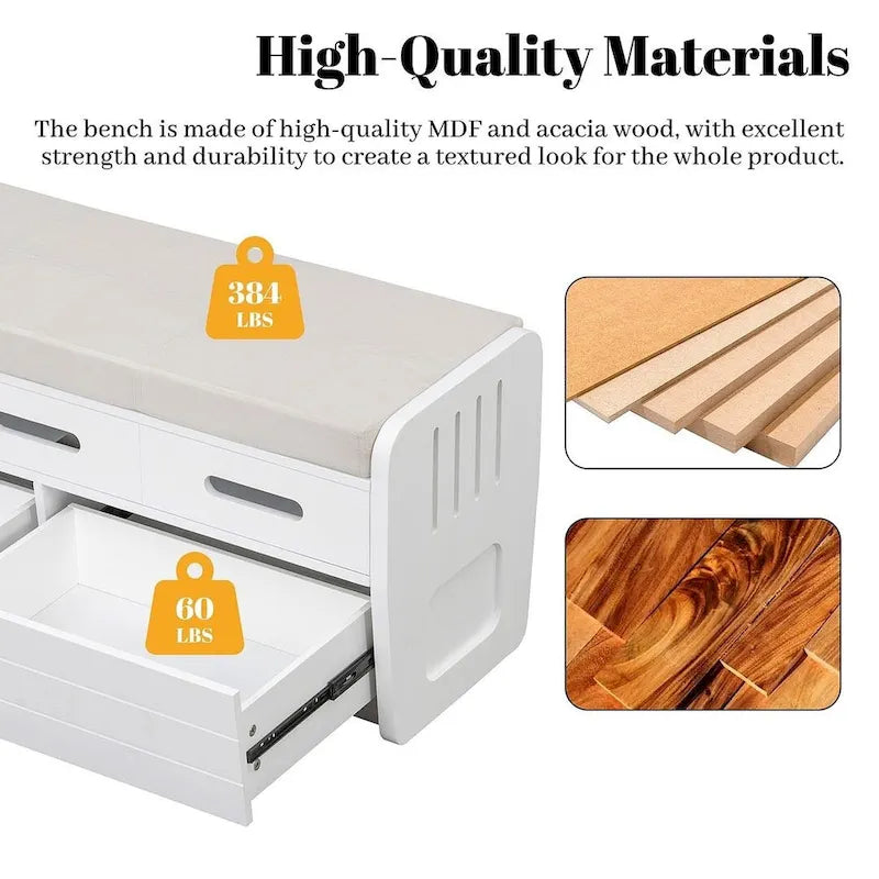 Banc de rangement rustique avec tiroirs en bois naturel blanc/marine/espresso – 1 à 2 places
