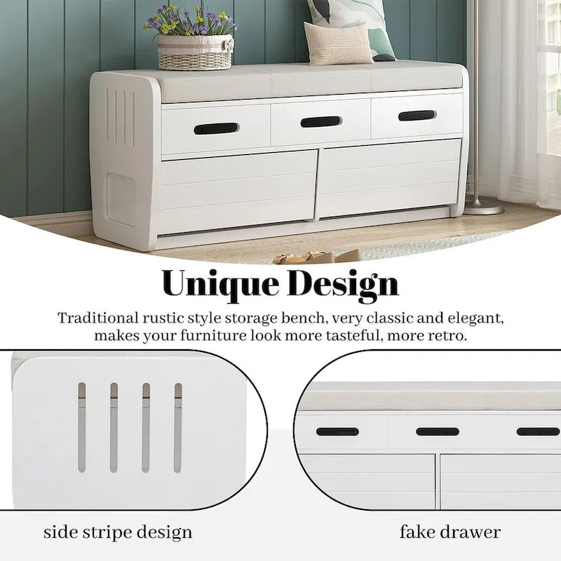 Banc de rangement rustique avec tiroirs en bois naturel blanc/marine/espresso – 1 à 2 places