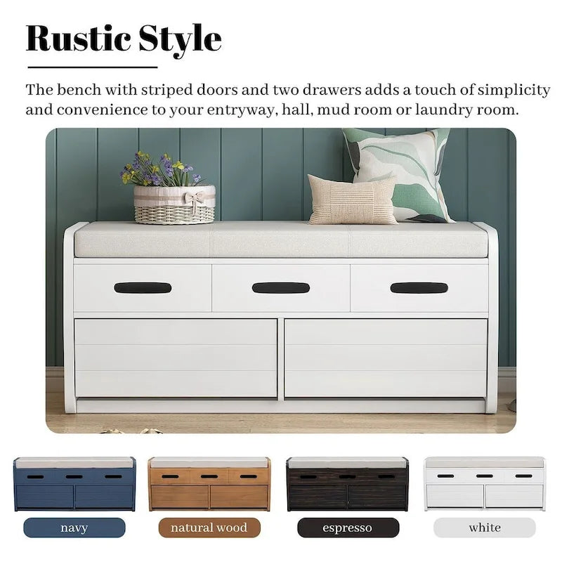 Banc de rangement rustique avec tiroirs en bois naturel blanc/marine/espresso – 1 à 2 places