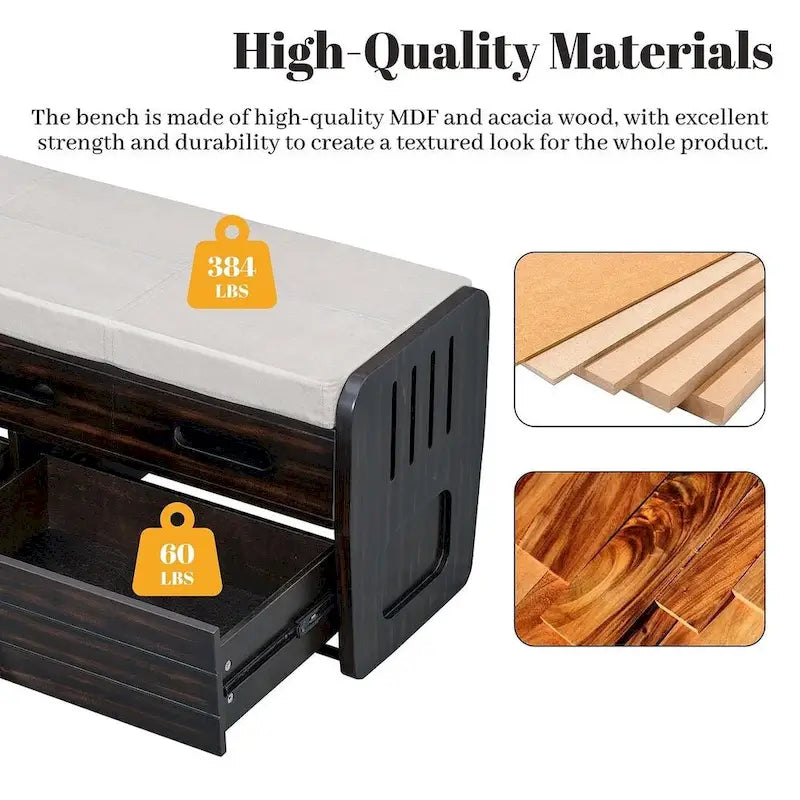 Banc de rangement rustique avec tiroirs en bois naturel blanc/marine/espresso – 1 à 2 places