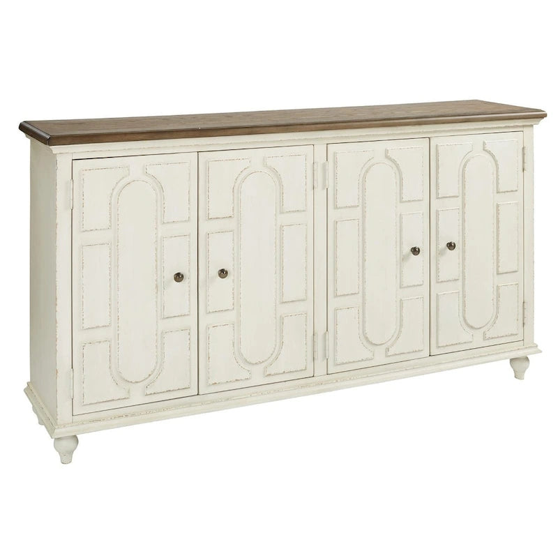 Meuble d'appoint 4 portes blanc antique et marron, montage par 1 personne