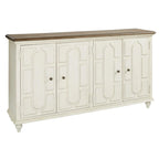 Meuble d'appoint 4 portes blanc antique et marron, montage par 1 personne