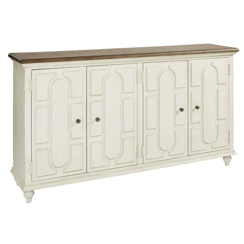 Meuble d'appoint 4 portes blanc antique et marron, montage par 1 personne