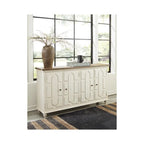 Meuble d'appoint 4 portes blanc antique et marron, montage par 1 personne