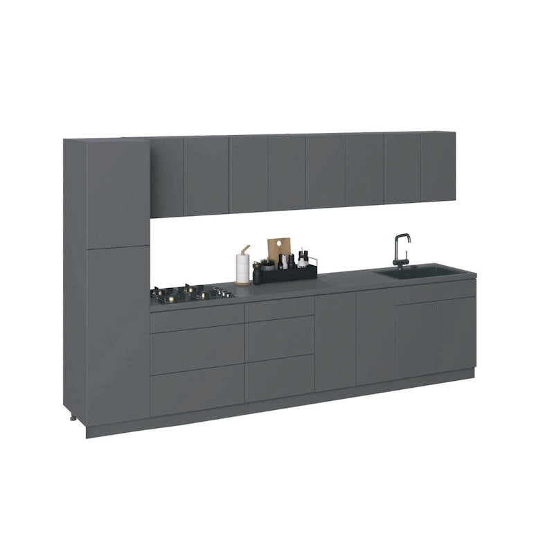 Ensemble d'armoires de cuisine modernes argent/blanc – 3,35 m de large (135x24 po), jusqu'à 4 personnes