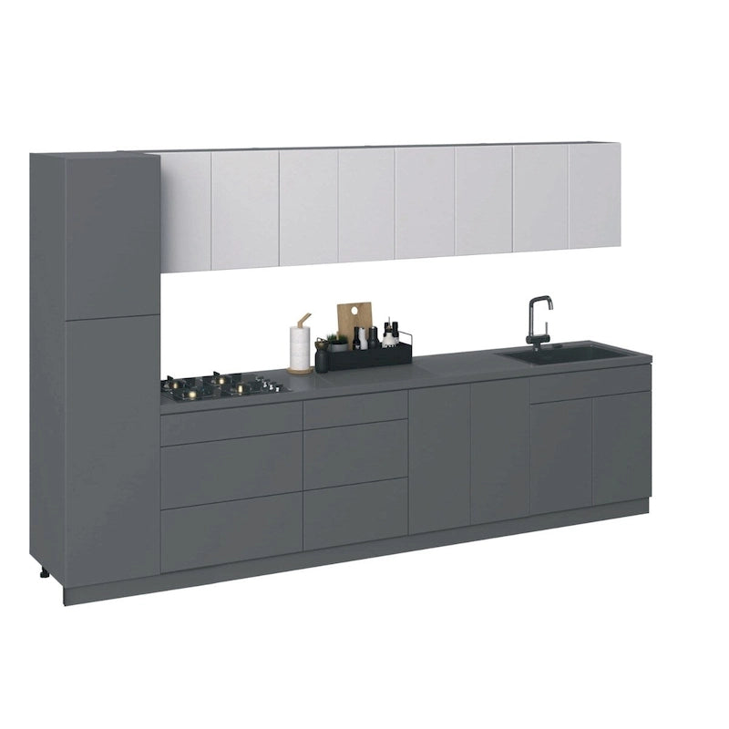 Ensemble d'armoires de cuisine modernes argent/blanc – 3,35 m de large (135x24 po), jusqu'à 4 personnes