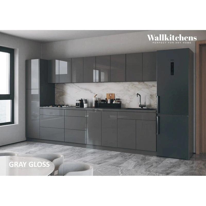Ensemble d'armoires de cuisine modernes argent/blanc – 3,35 m de large (135x24 po), jusqu'à 4 personnes