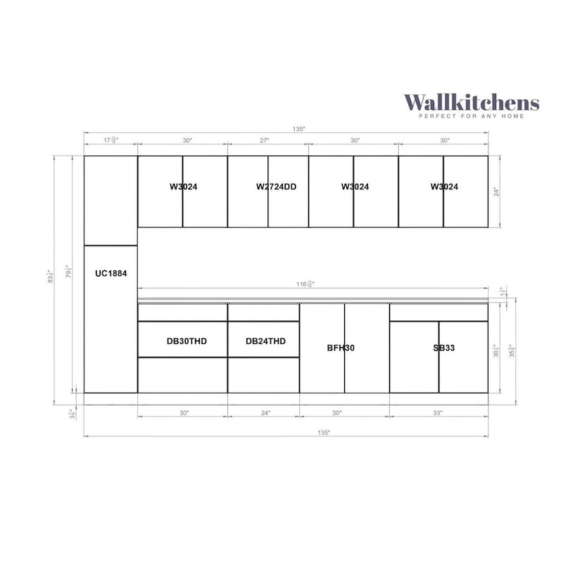 Ensemble d'armoires de cuisine modernes argent/blanc – 3,35 m de large (135x24 po), jusqu'à 4 personnes