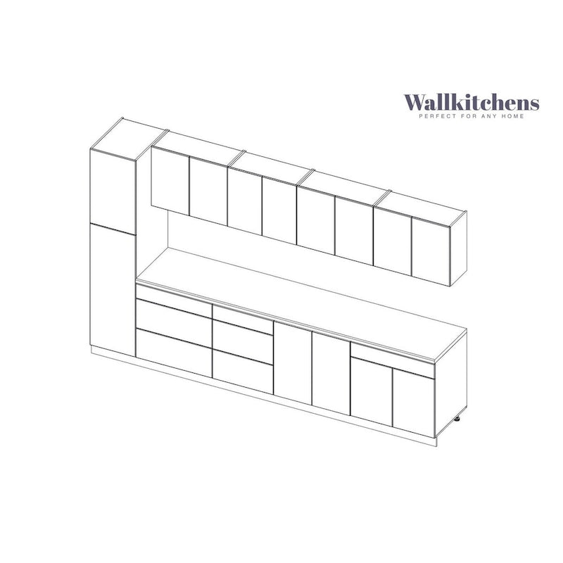 Ensemble d'armoires de cuisine modernes argent/blanc – 3,35 m de large (135x24 po), jusqu'à 4 personnes