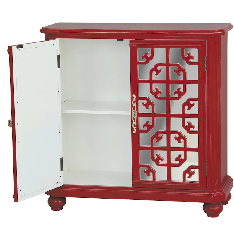 Commode d'appoint rouge vieillie et miroir, 2 portes, 1 personne