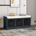 Banc de rangement avec 3 paniers en rotin et coussin amovible – Bleu Marine Vieilli / Blanc Délavé / Espresso, 1 place