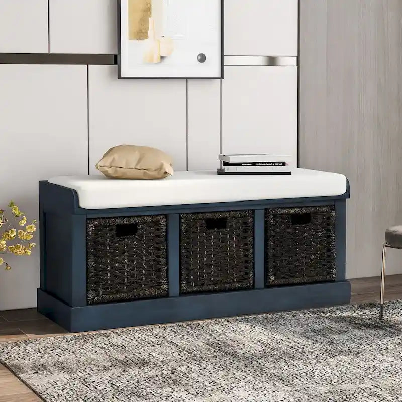 Banc de rangement avec 3 paniers en rotin et coussin amovible – Bleu Marine Vieilli / Blanc Délavé / Espresso, 1 place