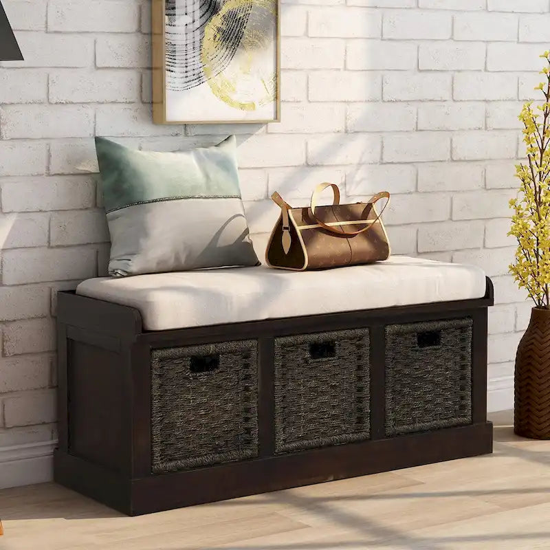Banc de rangement avec 3 paniers en rotin et coussin amovible – Bleu Marine Vieilli / Blanc Délavé / Espresso, 1 place