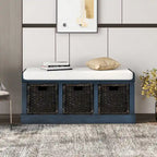 Banc de rangement avec 3 paniers en rotin et coussin amovible – Bleu Marine Vieilli / Blanc Délavé / Espresso, 1 place