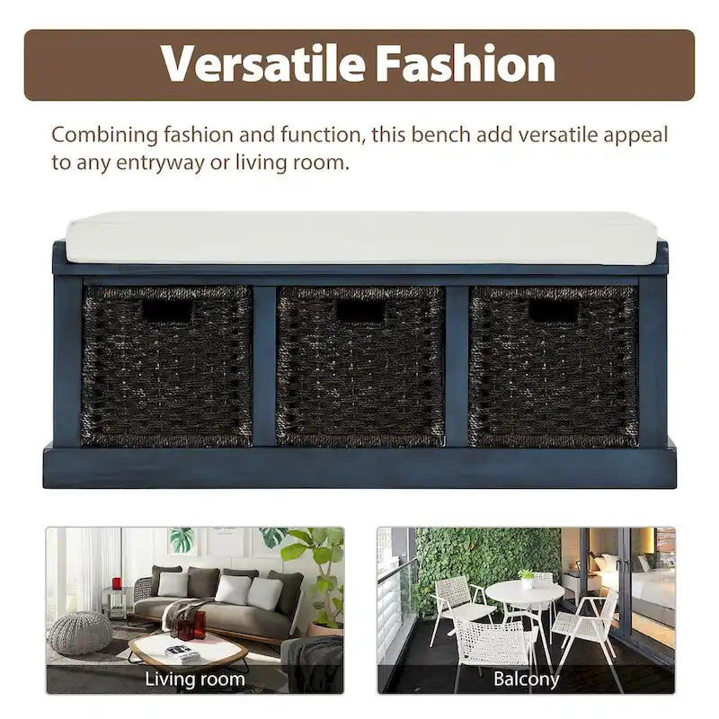 Banc de rangement avec 3 paniers en rotin et coussin amovible – Bleu Marine Vieilli / Blanc Délavé / Espresso, 1 place