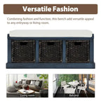 Banc de rangement avec 3 paniers en rotin et coussin amovible – Bleu Marine Vieilli / Blanc Délavé / Espresso, 1 place
