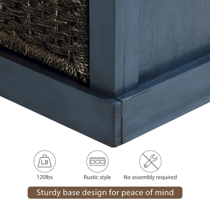 Banc de rangement avec 3 paniers en rotin et coussin amovible – Bleu Marine Vieilli / Blanc Délavé / Espresso, 1 place