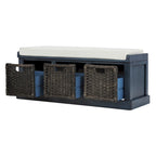 Banc de rangement avec 3 paniers en rotin et coussin amovible – Bleu Marine Vieilli / Blanc Délavé / Espresso, 1 place