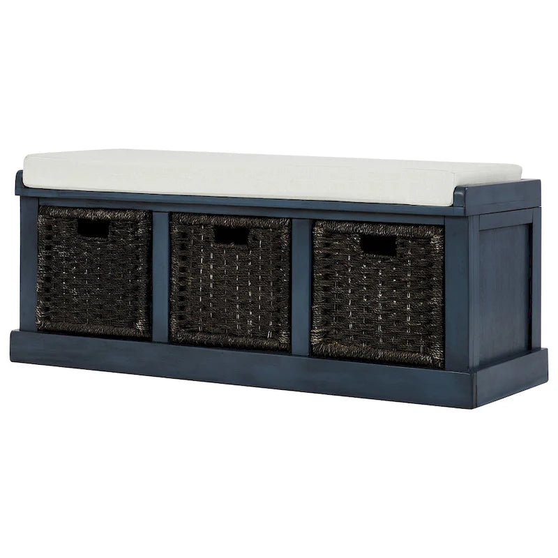 Banc de rangement avec 3 paniers en rotin et coussin amovible – Bleu Marine Vieilli / Blanc Délavé / Espresso, 1 place