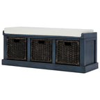 Banc de rangement avec 3 paniers en rotin et coussin amovible – Bleu Marine Vieilli / Blanc Délavé / Espresso, 1 place