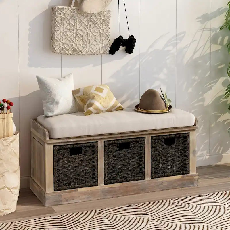 Banc de rangement avec 3 paniers en rotin et coussin amovible – Bleu Marine Vieilli / Blanc Délavé / Espresso, 1 place