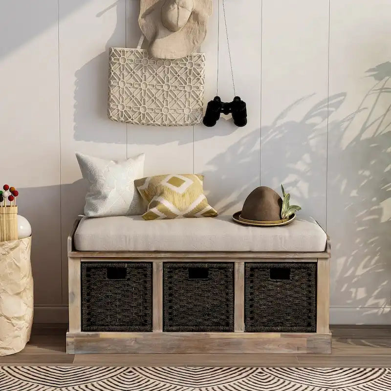 Banc de rangement avec 3 paniers en rotin et coussin amovible – Bleu Marine Vieilli / Blanc Délavé / Espresso, 1 place