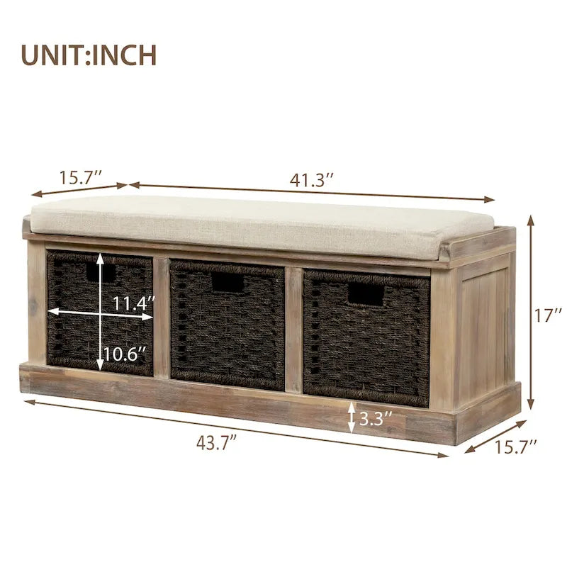 Banc de rangement avec 3 paniers en rotin et coussin amovible – Bleu Marine Vieilli / Blanc Délavé / Espresso, 1 place