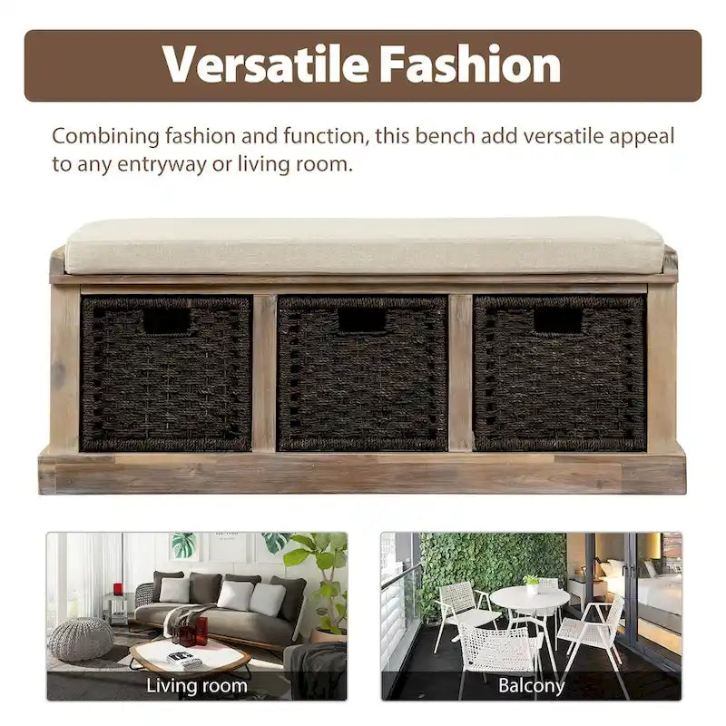 Banc de rangement avec 3 paniers en rotin et coussin amovible – Bleu Marine Vieilli / Blanc Délavé / Espresso, 1 place