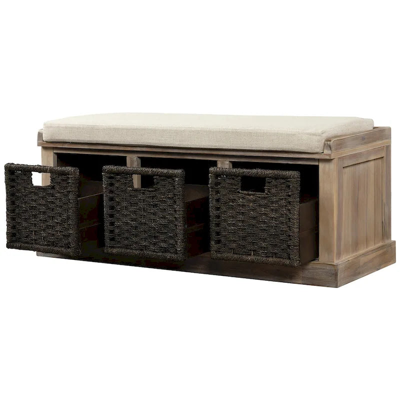 Banc de rangement avec 3 paniers en rotin et coussin amovible – Bleu Marine Vieilli / Blanc Délavé / Espresso, 1 place