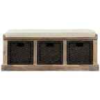 Banc de rangement avec 3 paniers en rotin et coussin amovible – Bleu Marine Vieilli / Blanc Délavé / Espresso, 1 place