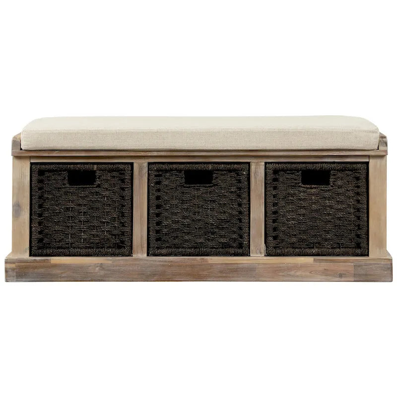 Banc de rangement avec 3 paniers en rotin et coussin amovible – Bleu Marine Vieilli / Blanc Délavé / Espresso, 1 place
