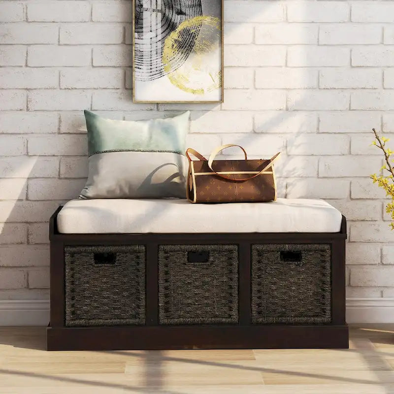 Banc de rangement avec 3 paniers en rotin et coussin amovible – Bleu Marine Vieilli / Blanc Délavé / Espresso, 1 place